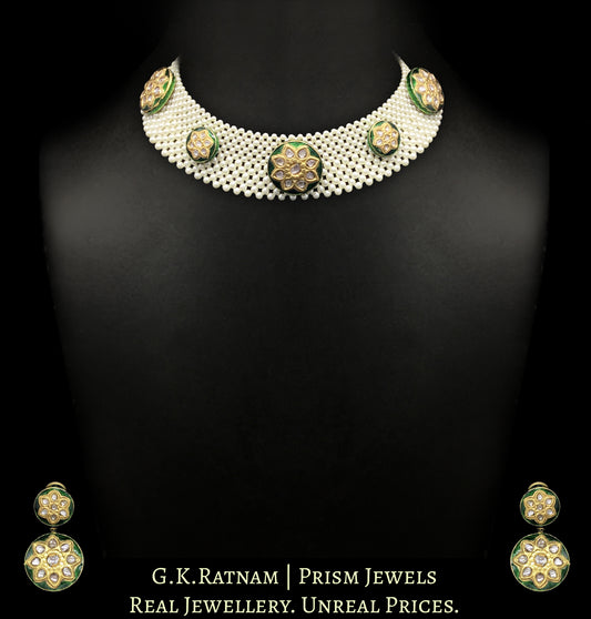 23k Gold and Diamond Polki Necklace Set with green enamelled rounds crocheted in lustrous pearls