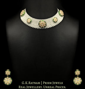 23k Gold and Diamond Polki Necklace Set with green enamelled rounds crocheted in lustrous pearls
