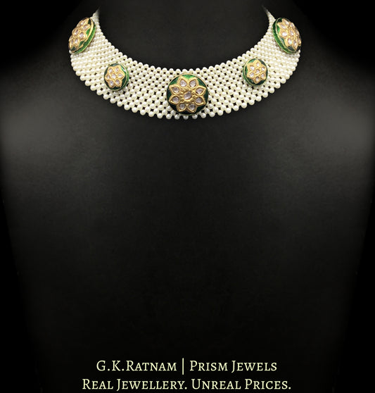 23k Gold and Diamond Polki Necklace Set with green enamelled rounds crocheted in lustrous pearls