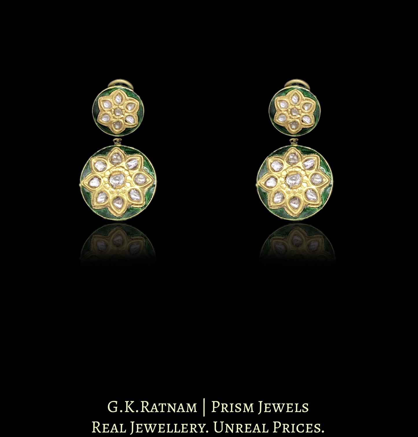23k Gold and Diamond Polki Necklace Set with green enamelled rounds crocheted in lustrous pearls