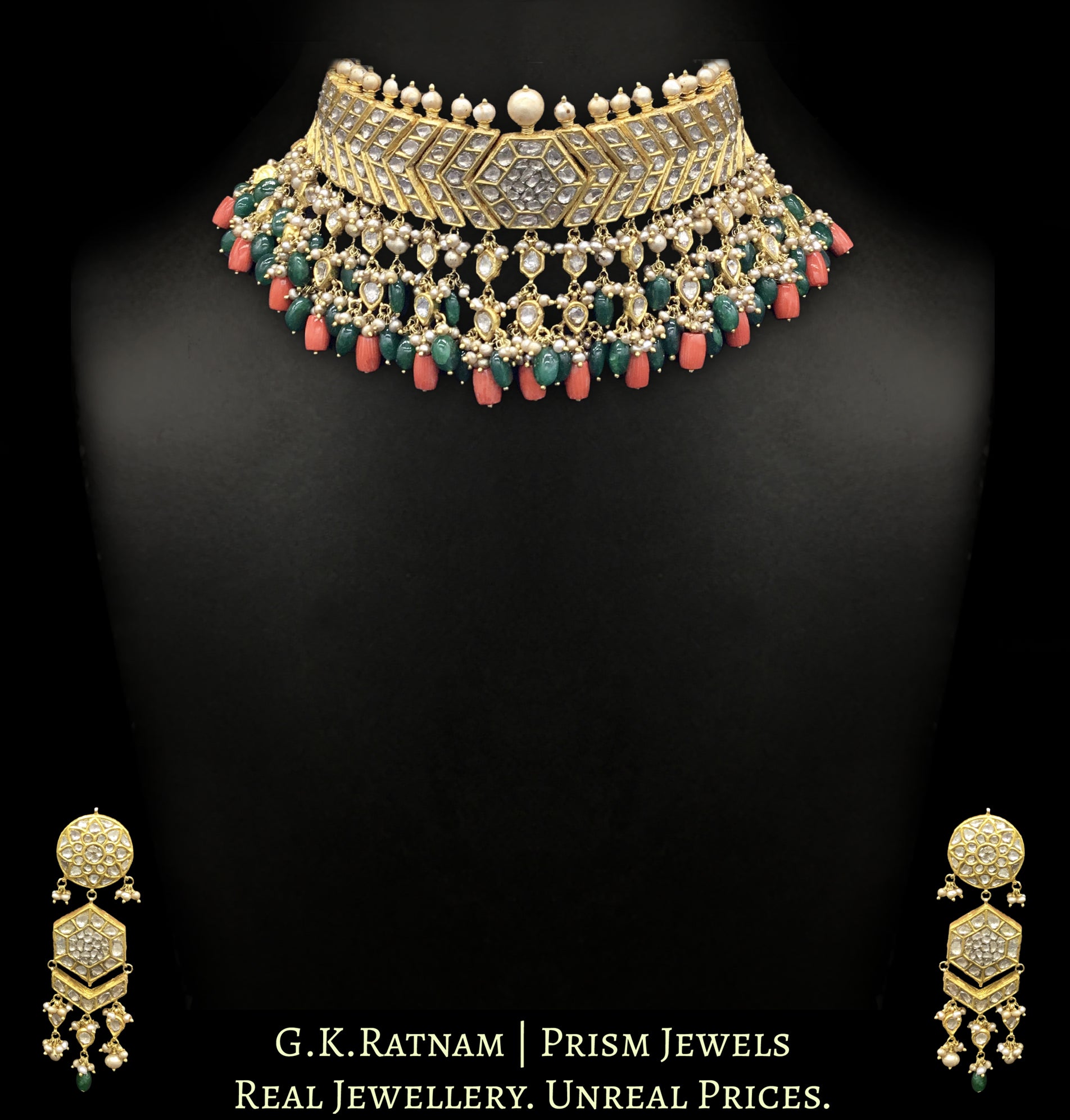 23k Gold and Diamond Polki Choker Necklace Set with Corals, Beryls and Antiqued Hyderabadi Pearls