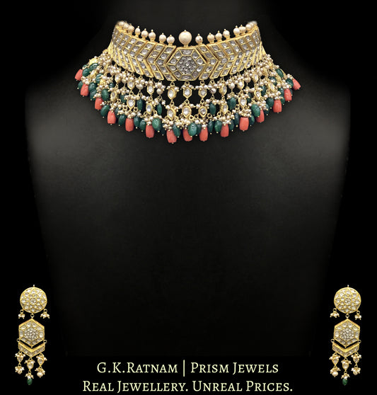 23k Gold and Diamond Polki Choker Necklace Set with Corals, Beryls and Antiqued Hyderabadi Pearls - G. K. Ratnam