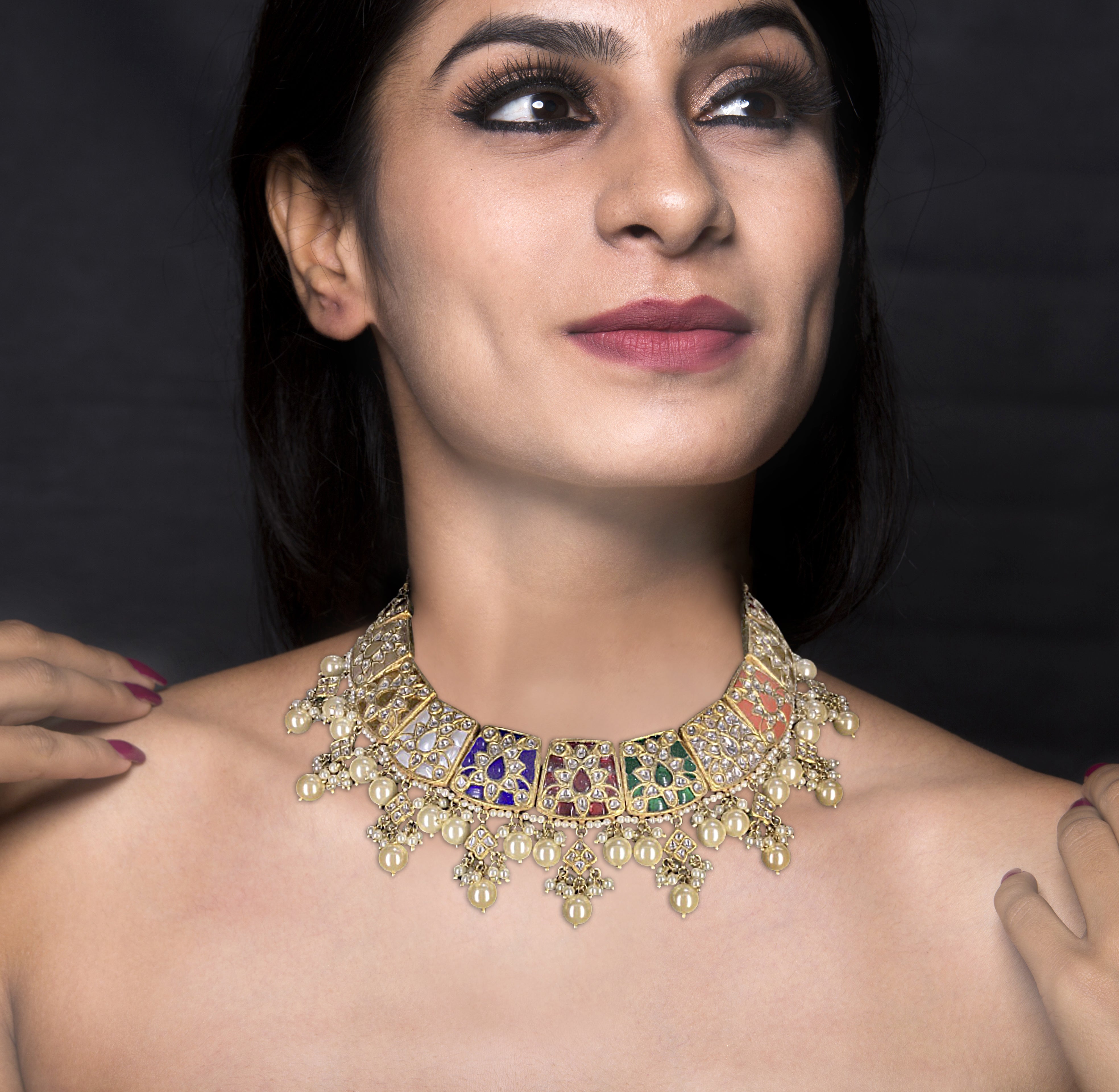 23k Gold and Diamond Polki Navratna Necklace Set enhanced with Lustrous Pearls