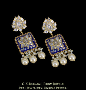 18k Gold and Diamond Polki Long Earring Pair with intricate Blue Enamelling