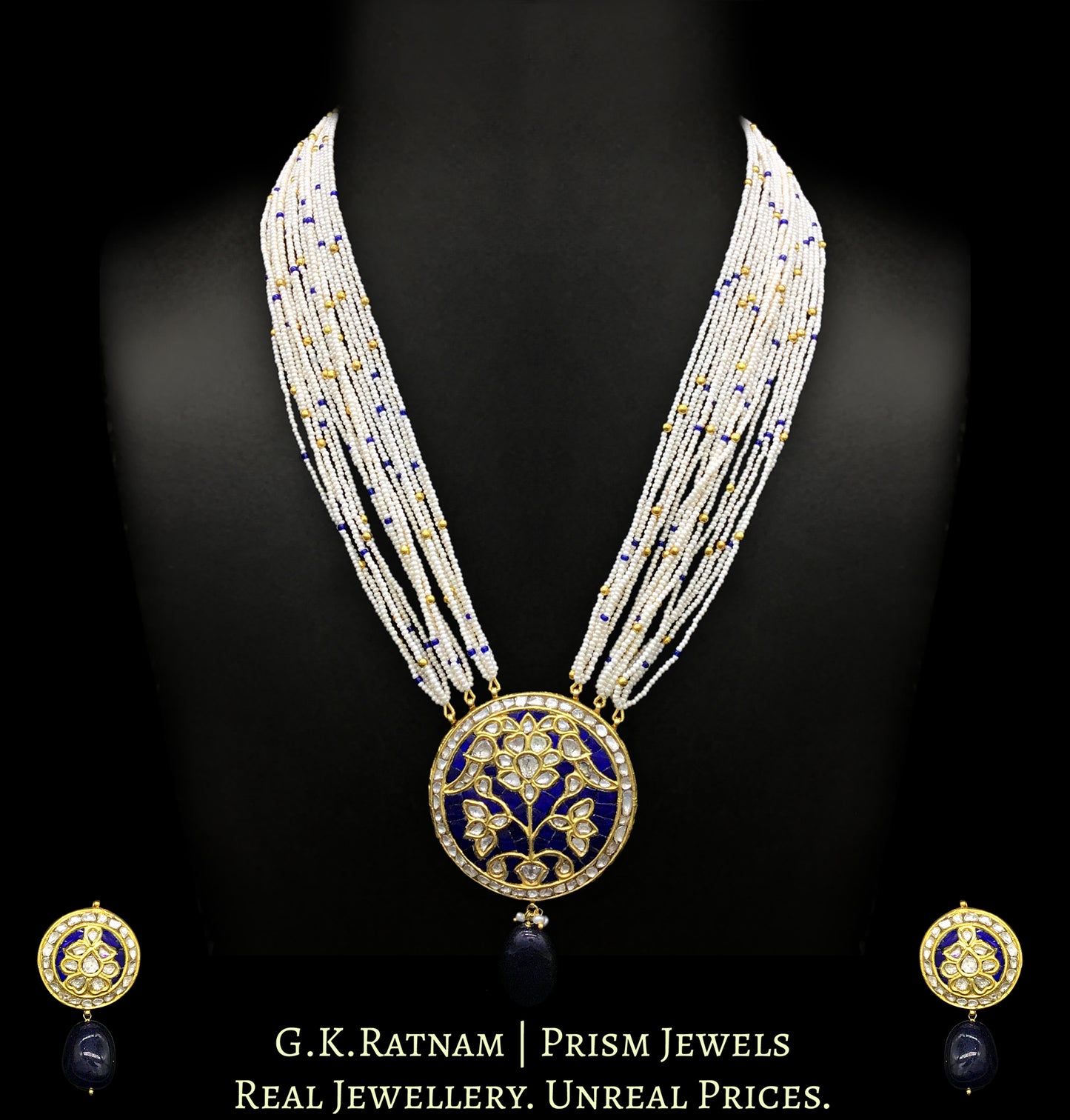 23k Gold and Diamond Polki blue round Pendant Set with tiny chid pearls