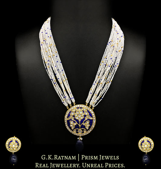 23k Gold and Diamond Polki blue round Pendant Set with tiny chid pearls
