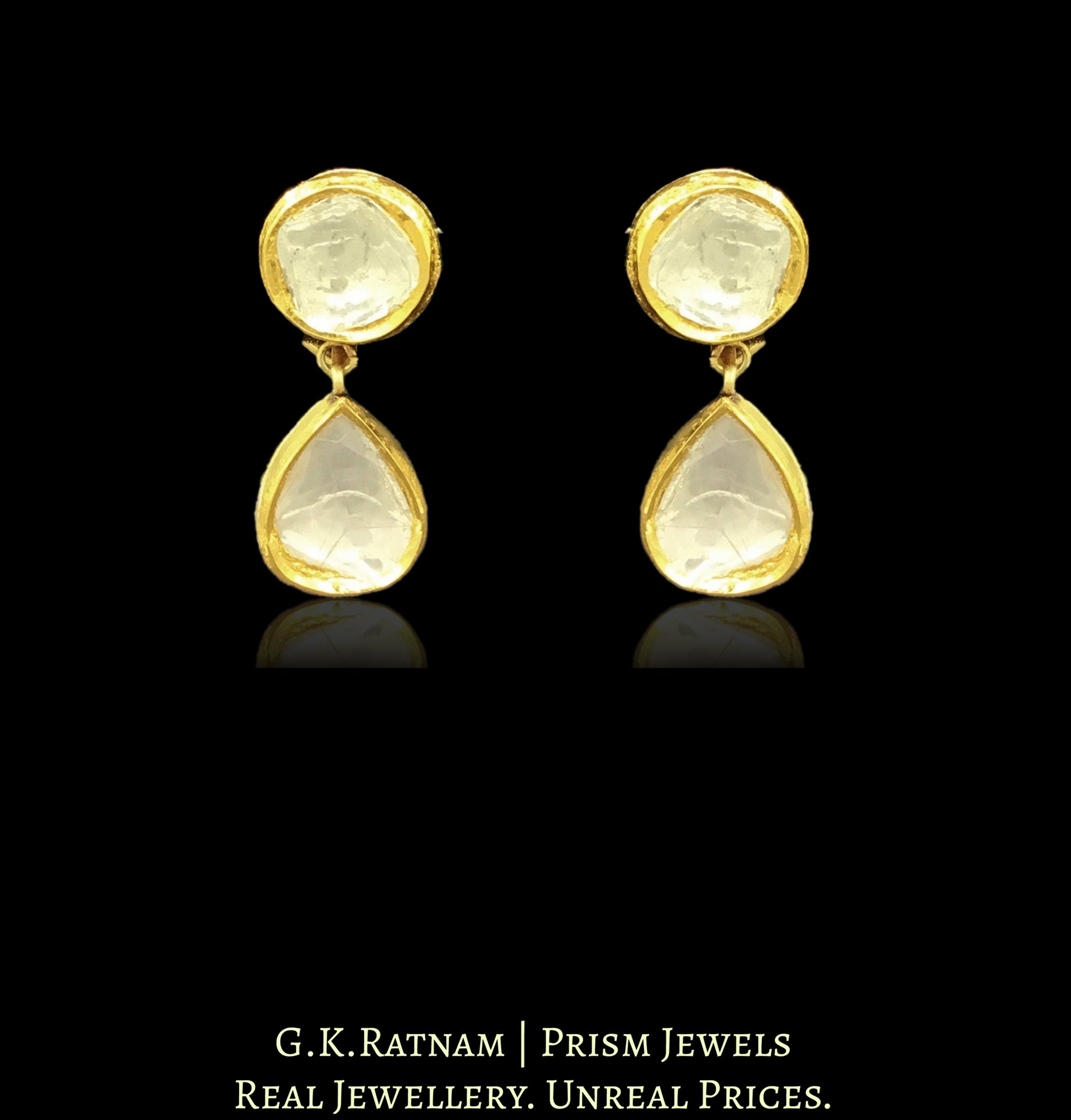 18k Gold and Diamond Polki Long Earring with round tops and pear drop hangings - G. K. Ratnam
