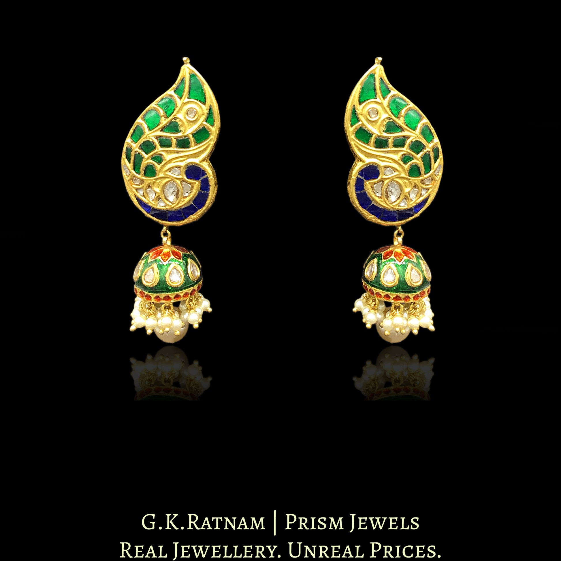 23k Gold and Diamond Polki Jhumki Earring pair with Peacock-shaped karanphools - G. K. Ratnam