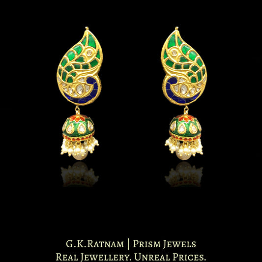 23k Gold and Diamond Polki Jhumki Earring pair with Peacock-shaped karanphools - G. K. Ratnam