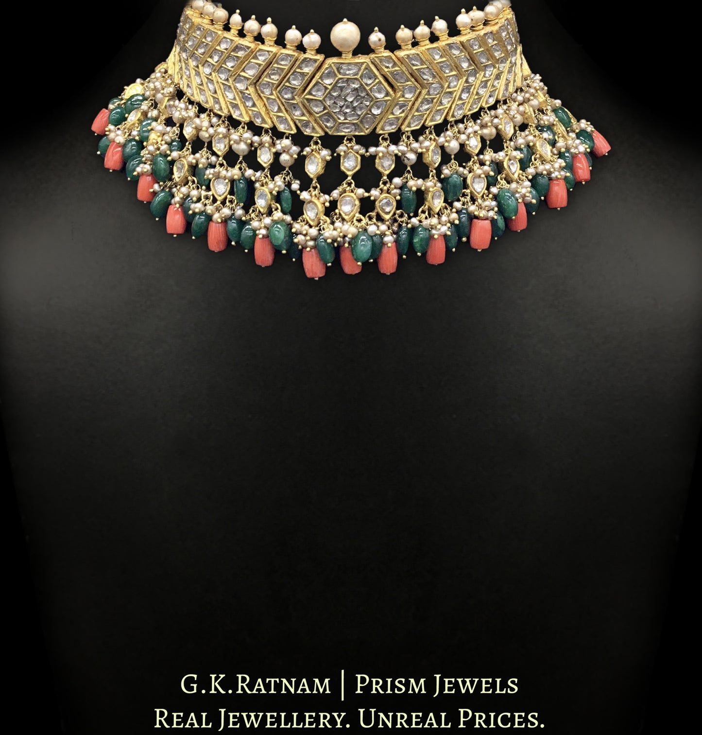 23k Gold and Diamond Polki Choker Necklace Set with Corals, Beryls and Antiqued Hyderabadi Pearls - G. K. Ratnam