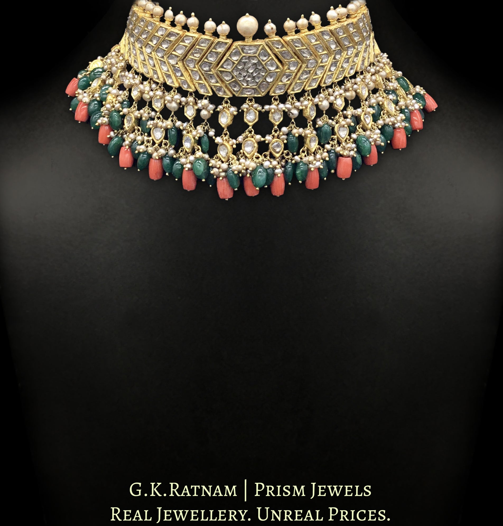 23k Gold and Diamond Polki Choker Necklace Set with Corals, Beryls and Antiqued Hyderabadi Pearls - G. K. Ratnam