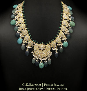 23k Gold and Diamond Polki long Necklace Set enhanced with big turquoises and aventurines