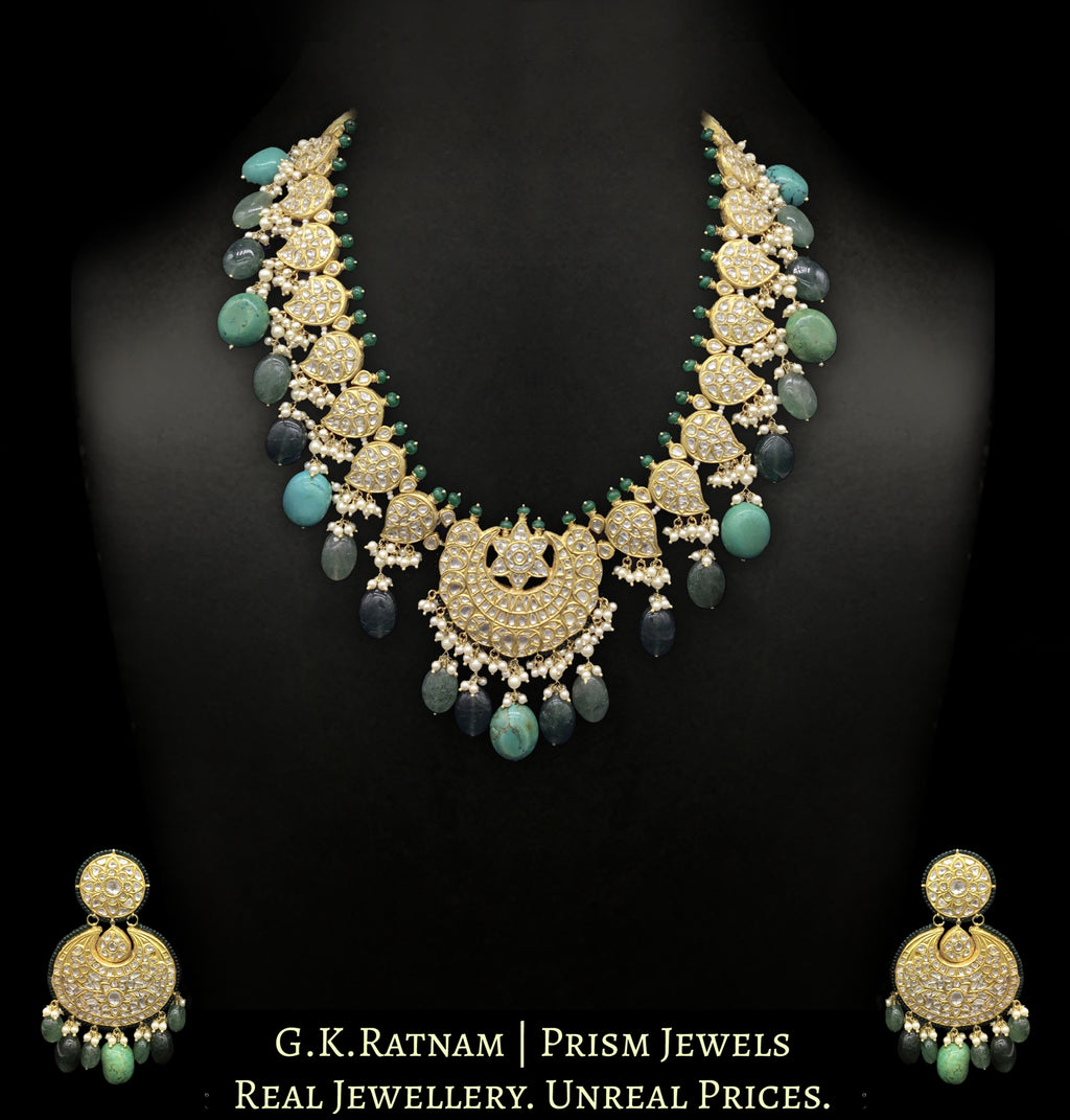 23k Gold and Diamond Polki long Necklace Set enhanced with big turquoises and aventurines