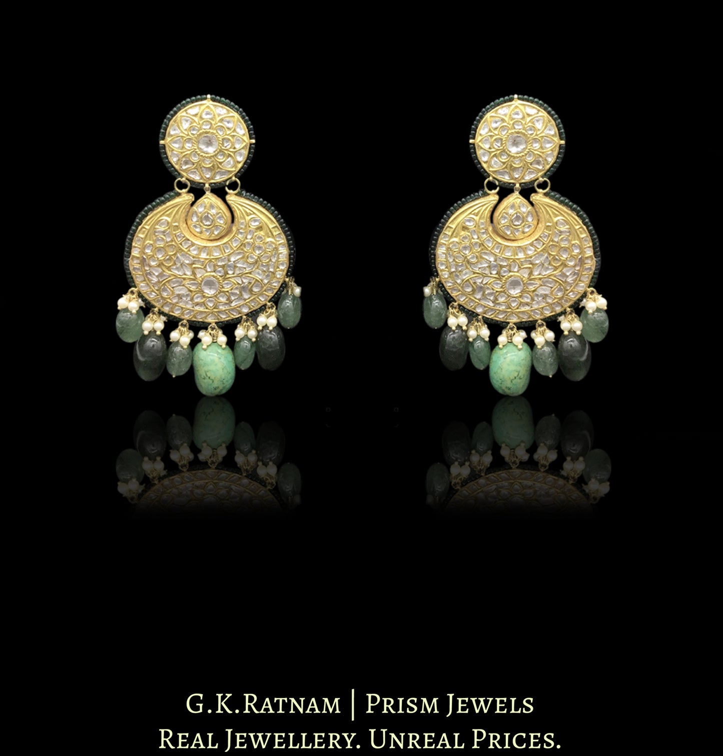 23k Gold and Diamond Polki long Necklace Set enhanced with big turquoises and aventurines