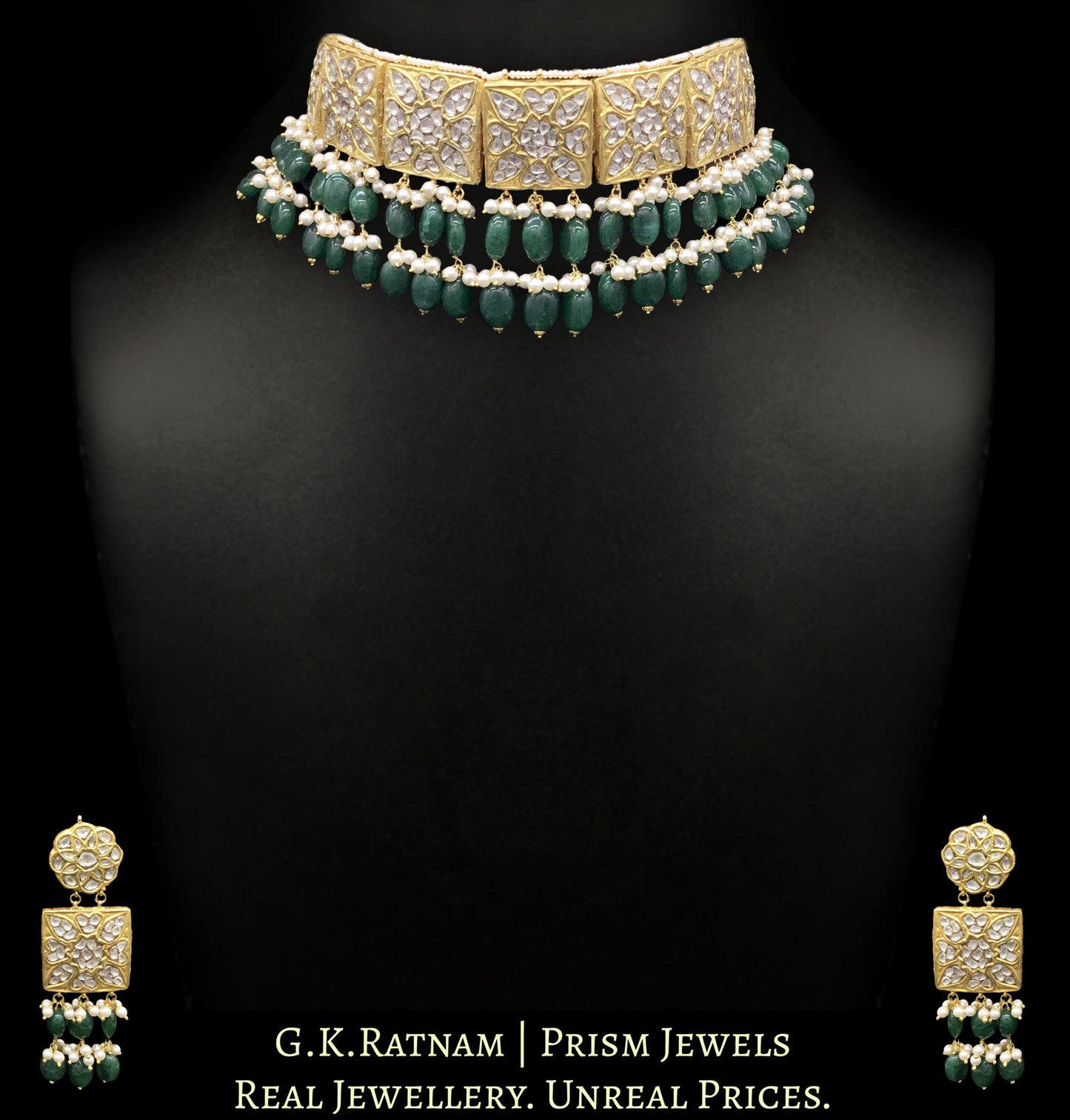 23k Gold and Diamond Polki Square Choker Necklace Set with two-tier green beryl stringing - G. K. Ratnam