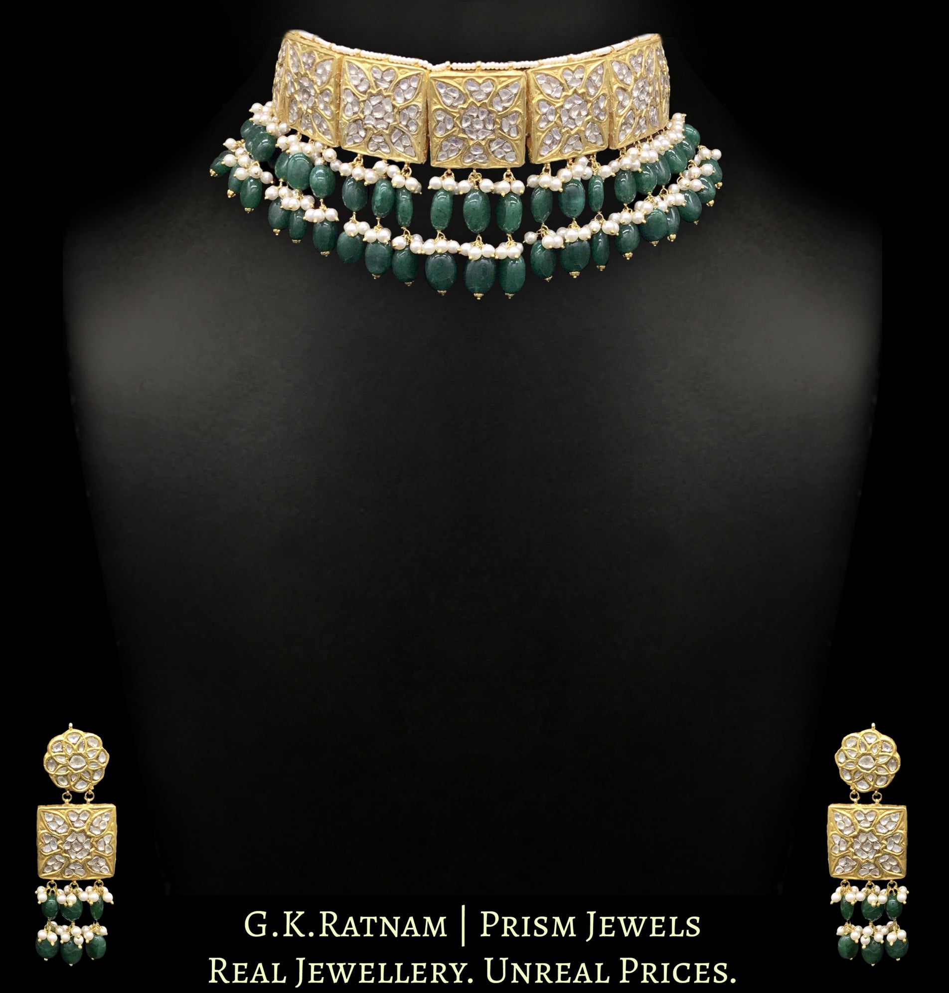 23k Gold and Diamond Polki Square Choker Necklace Set with two-tier green beryl stringing - G. K. Ratnam