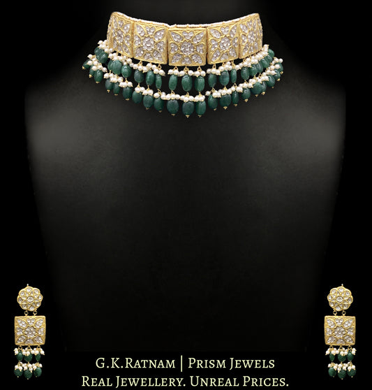 23k Gold and Diamond Polki Square Choker Necklace Set with two-tier green beryl stringing - G. K. Ratnam