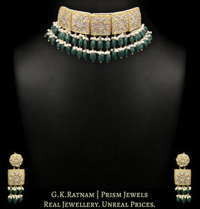 23k Gold and Diamond Polki Square Choker Necklace Set with two-tier green beryl stringing