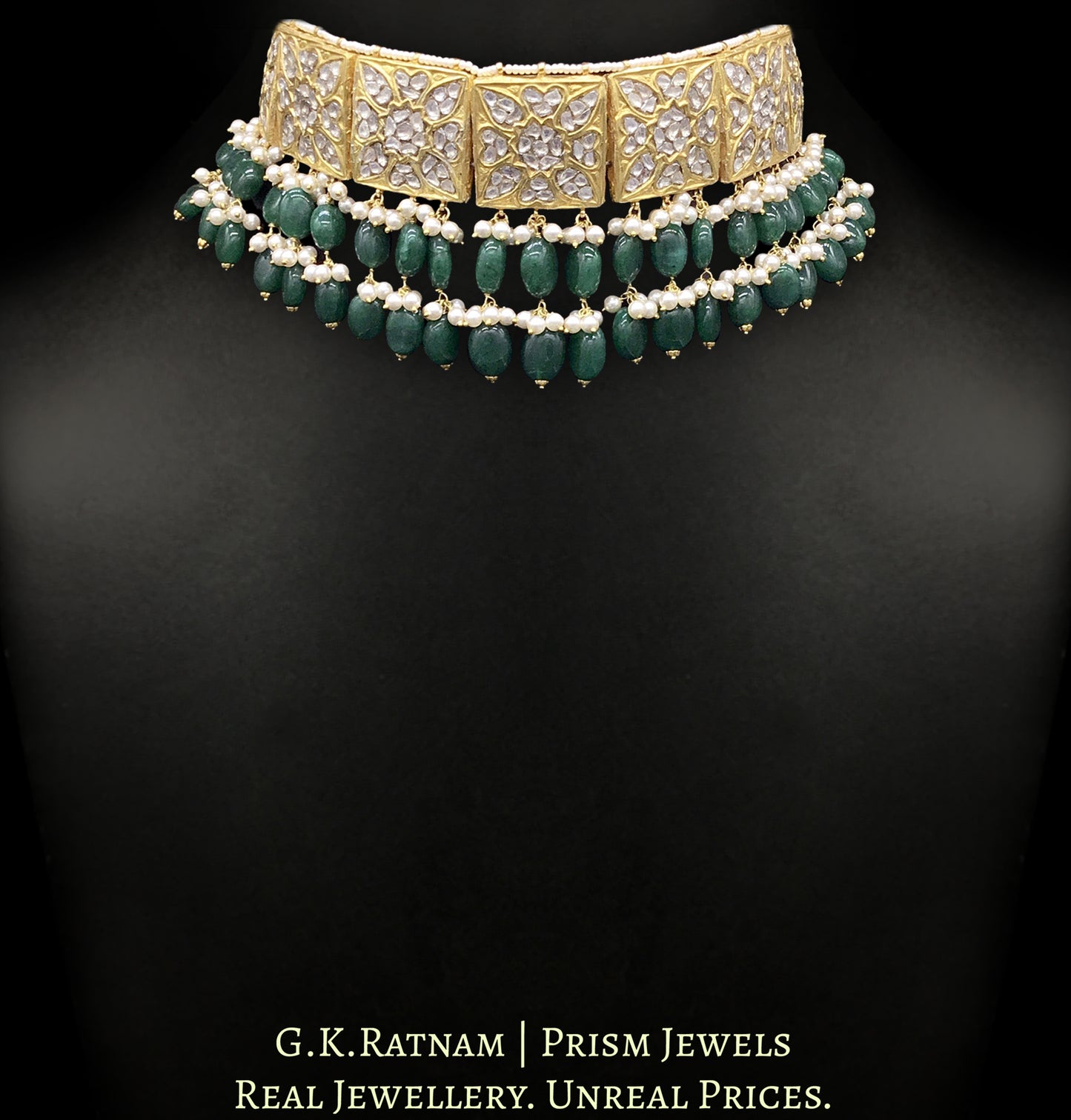 23k Gold and Diamond Polki Square Choker Necklace Set with two-tier green beryl stringing - G. K. Ratnam