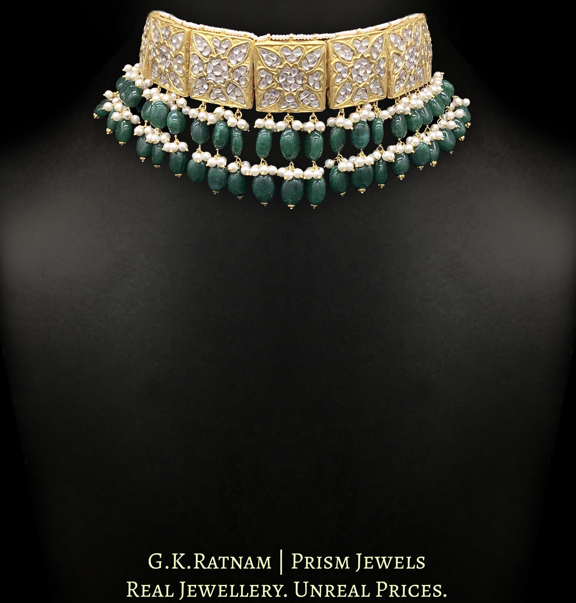 23k Gold and Diamond Polki Square Choker Necklace Set with two-tier green beryl stringing - G. K. Ratnam