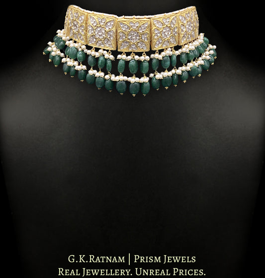 23k Gold and Diamond Polki Square Choker Necklace Set with two-tier green beryl stringing - G. K. Ratnam
