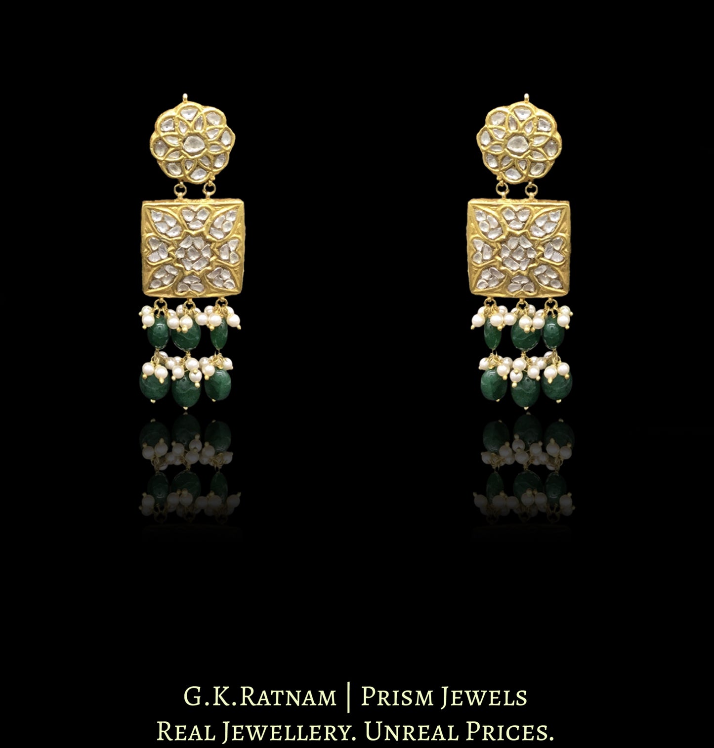23k Gold and Diamond Polki Square Choker Necklace Set with two-tier green beryl stringing - G. K. Ratnam