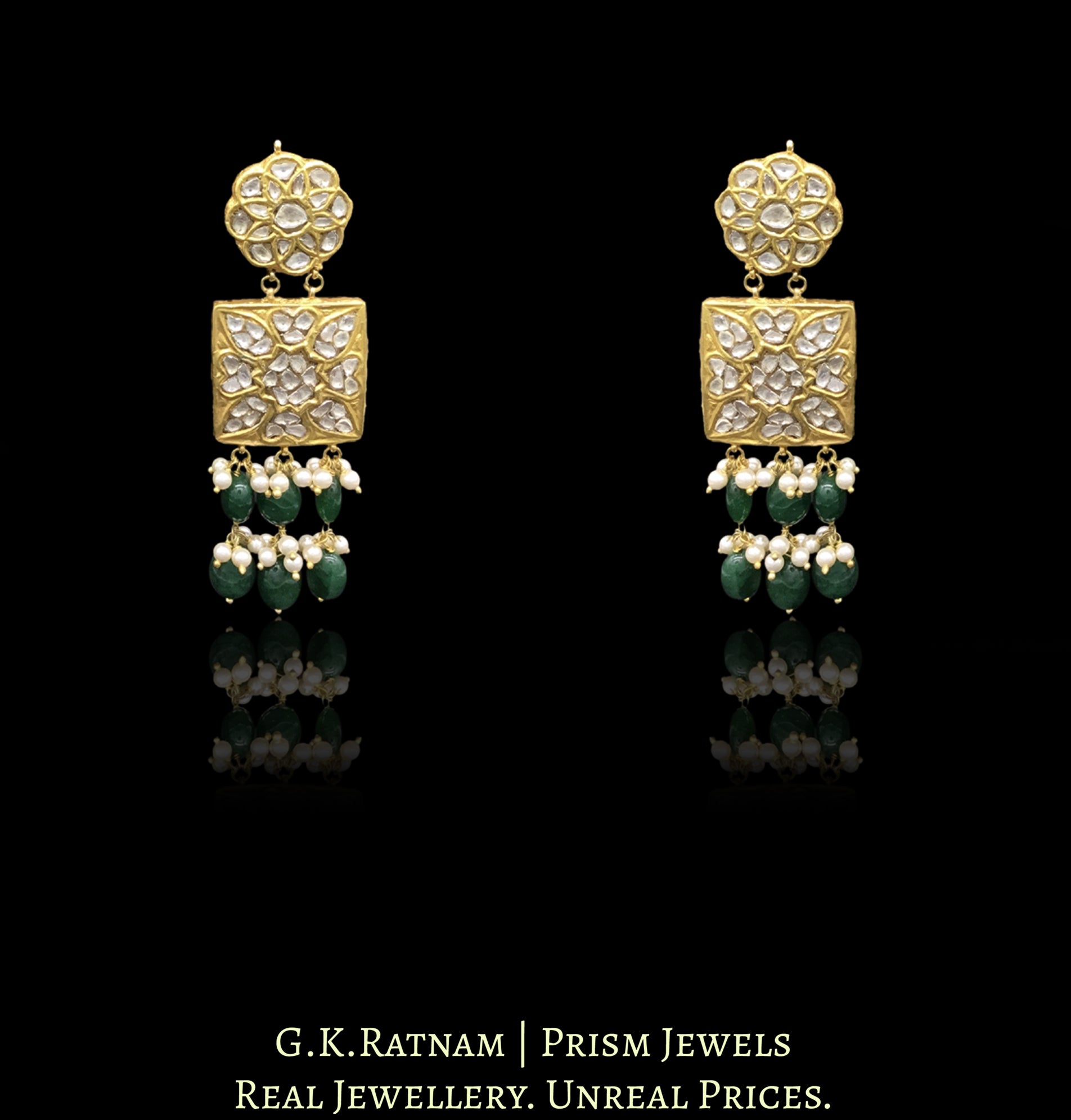 23k Gold and Diamond Polki Square Choker Necklace Set with two-tier green beryl stringing - G. K. Ratnam