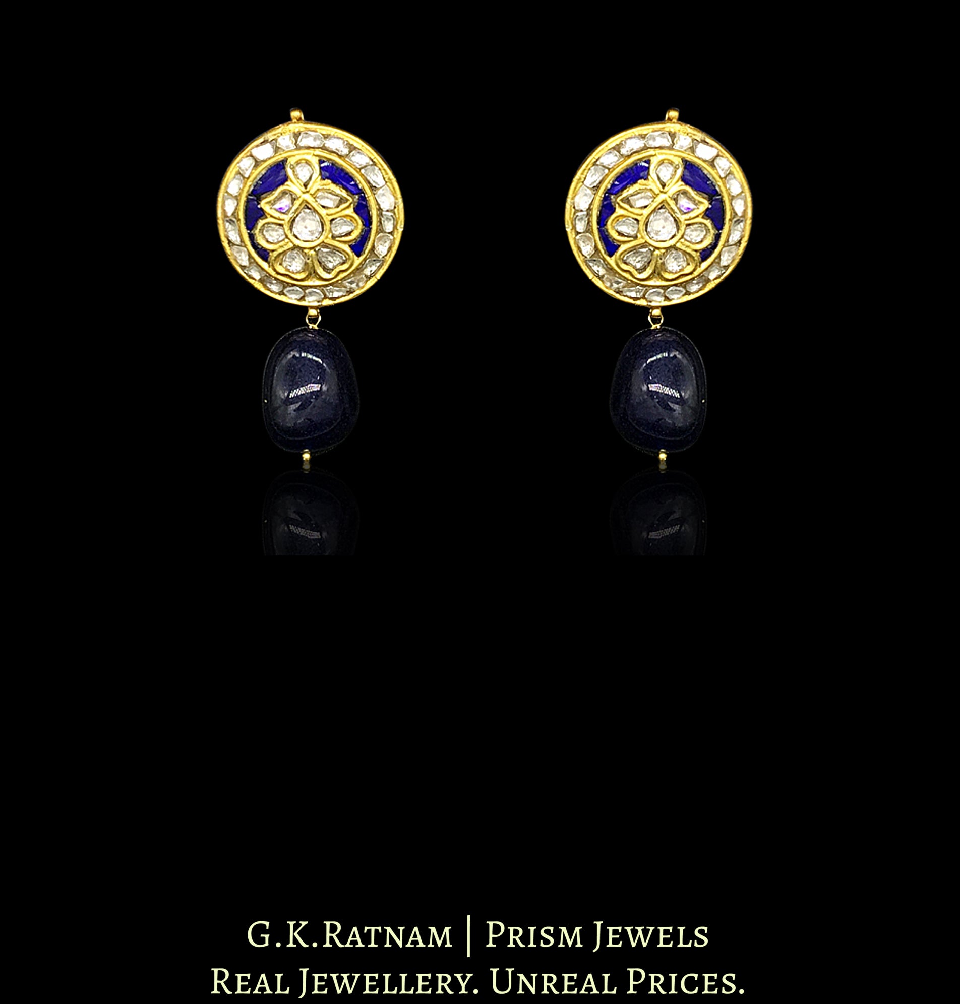 23k Gold and Diamond Polki blue round Pendant Set with tiny chid pearls