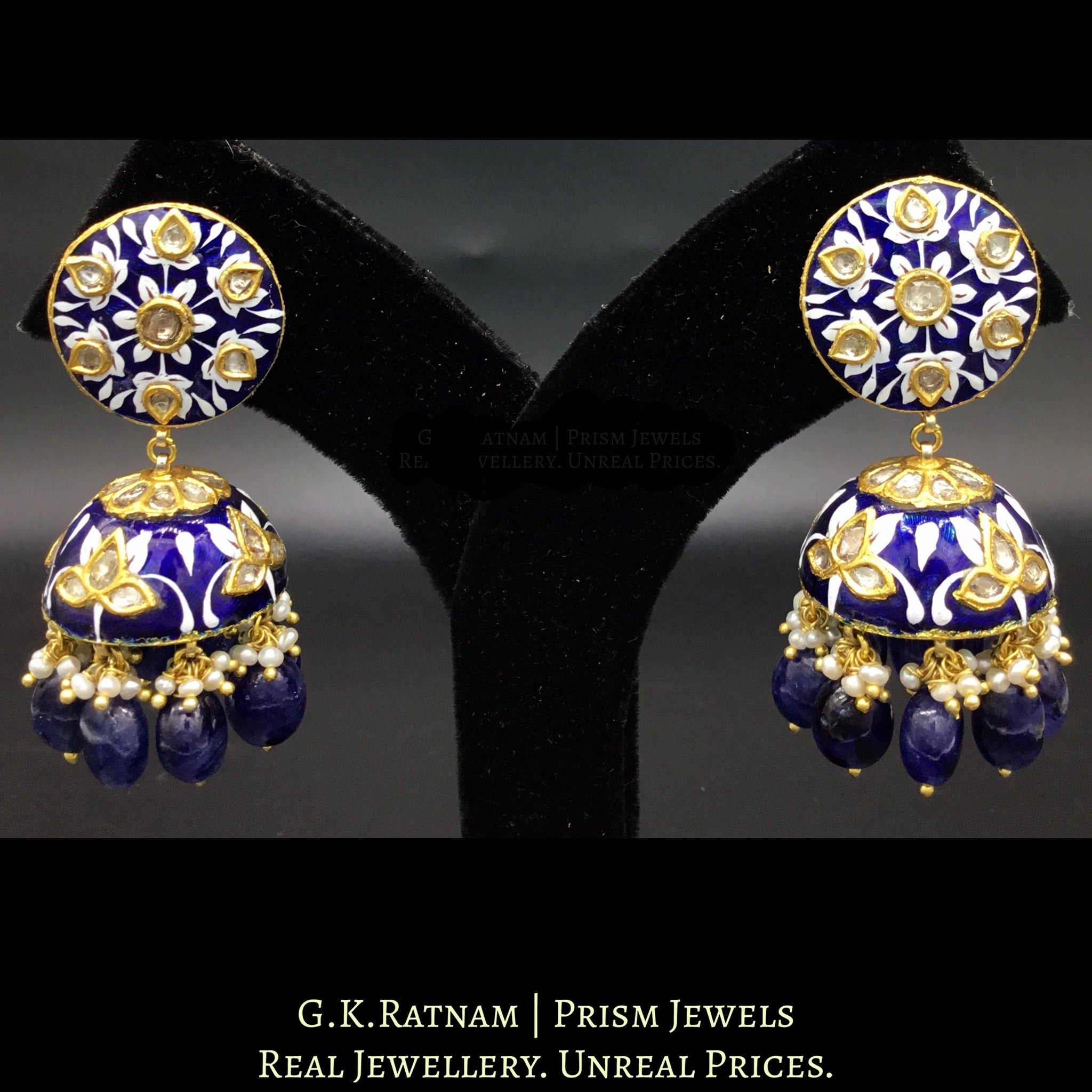 23k Gold and Diamond Polki Jhumki Earring Pair with intricate white & royal blue pottery