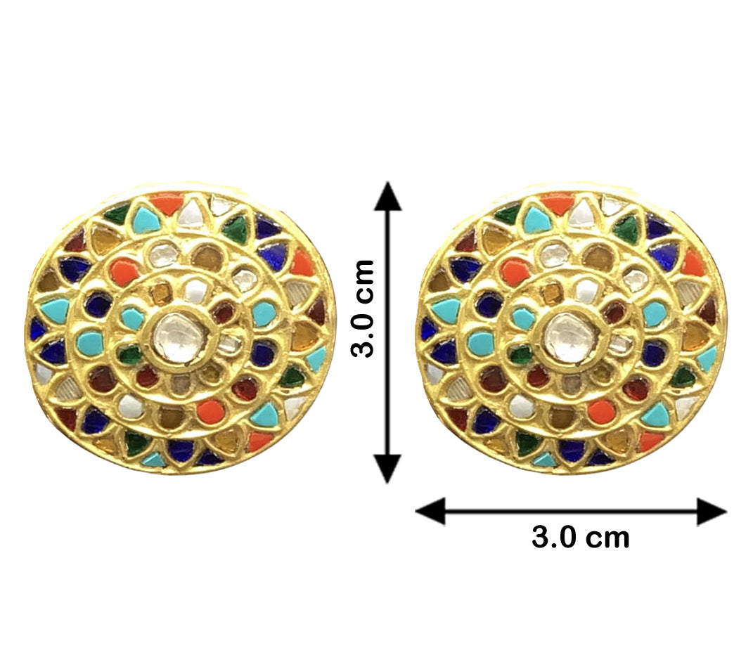 23k Gold and Diamond Polki Round Navratna Karanphool Earring Pair