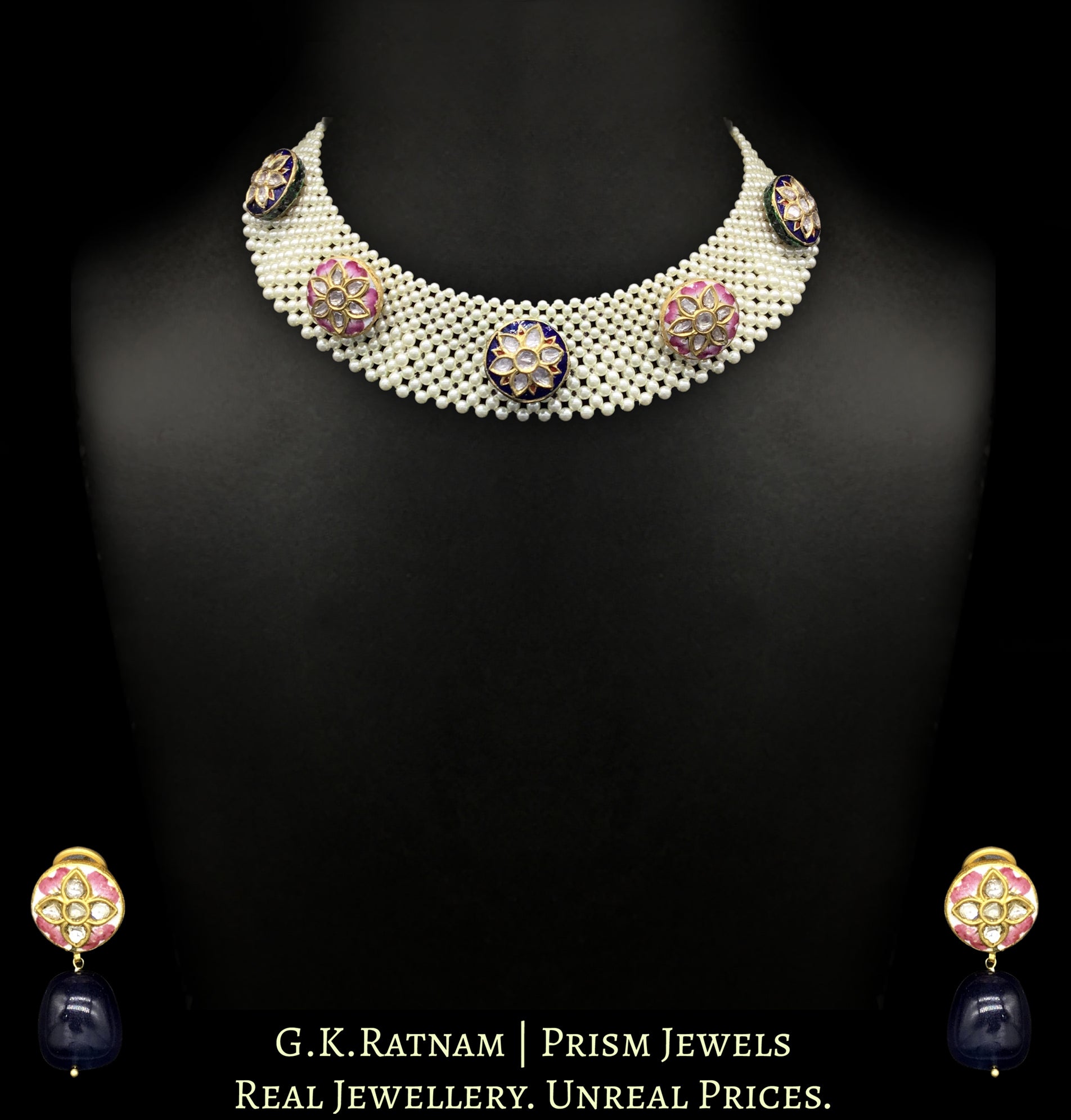 23k Gold and Diamond Polki Necklace Set with blue and pink meenakari rounds strung intricately in a pearl mesh