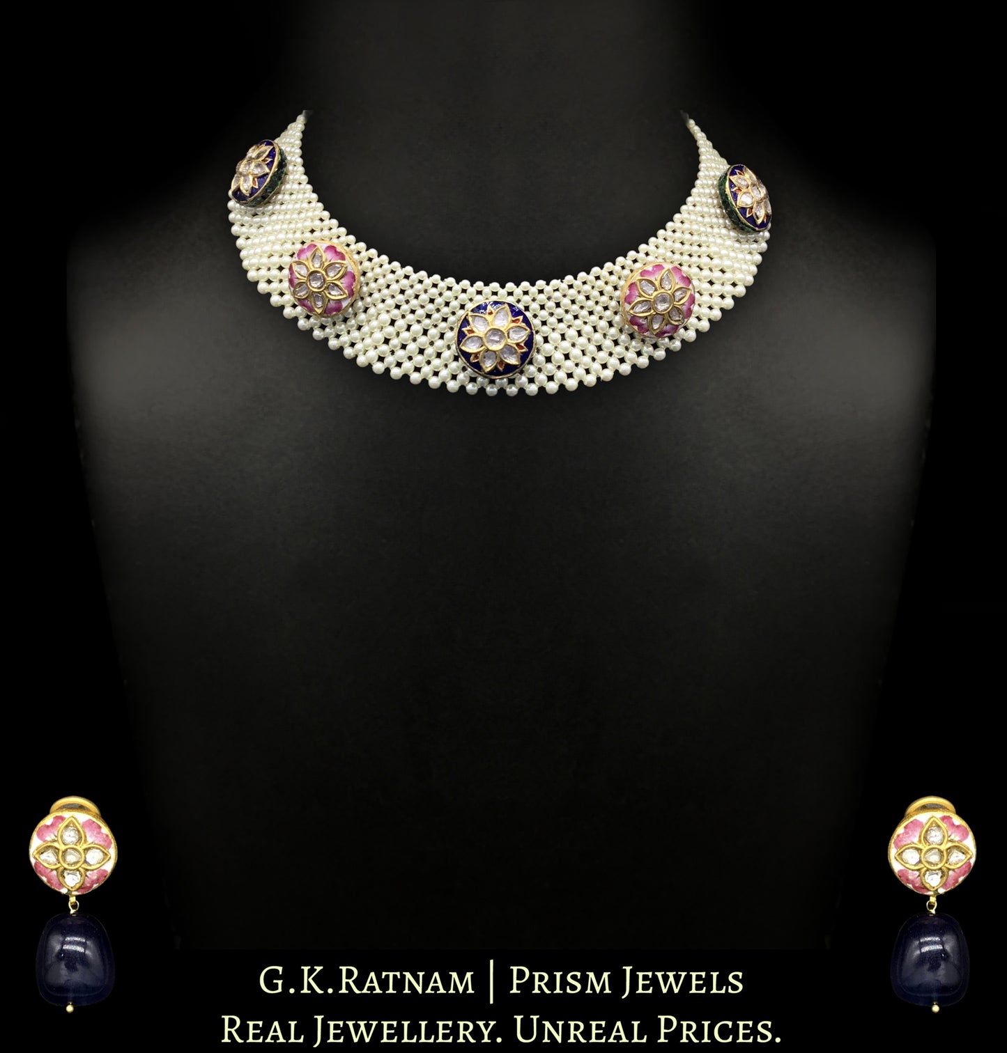 23k Gold and Diamond Polki Necklace Set with blue and pink meenakari rounds strung intricately in a pearl mesh - G. K. Ratnam
