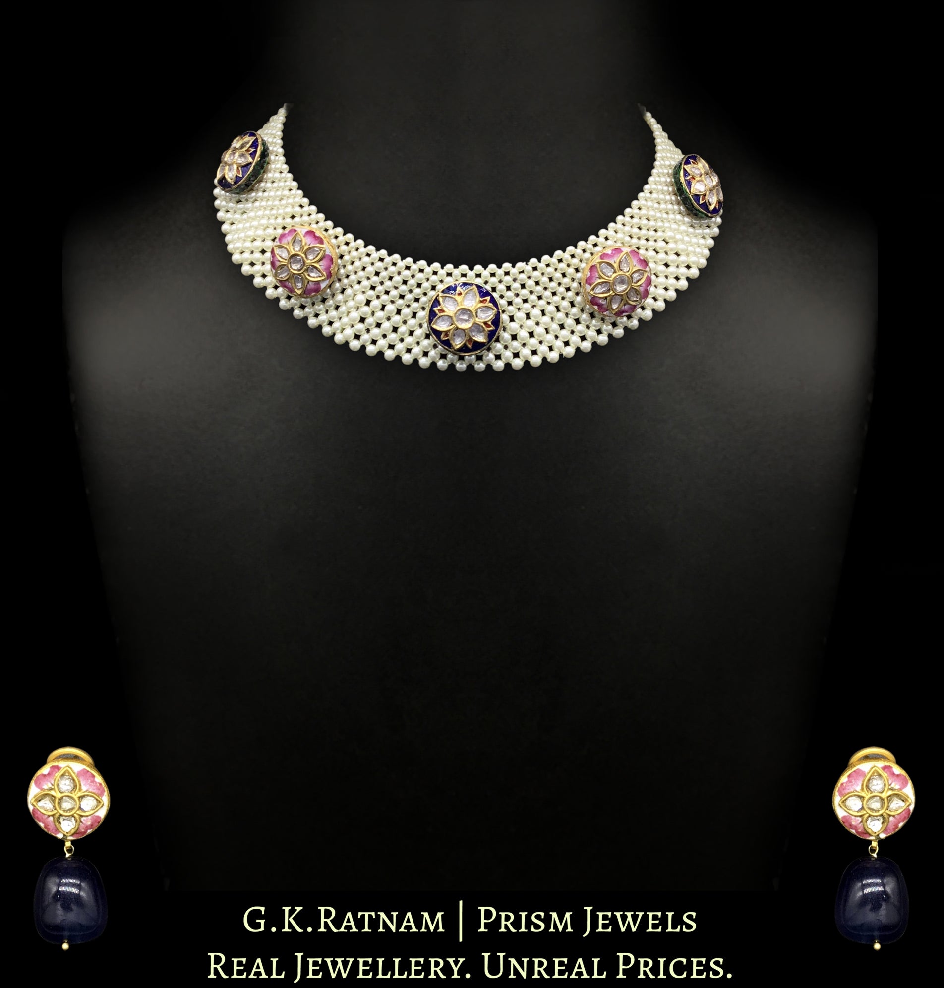 23k Gold and Diamond Polki Necklace Set with blue and pink meenakari rounds strung intricately in a pearl mesh - G. K. Ratnam