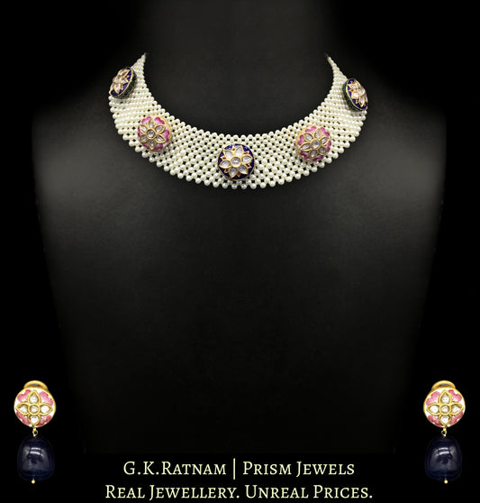 23k Gold and Diamond Polki Necklace Set with blue and pink meenakari rounds strung intricately in a pearl mesh - G. K. Ratnam