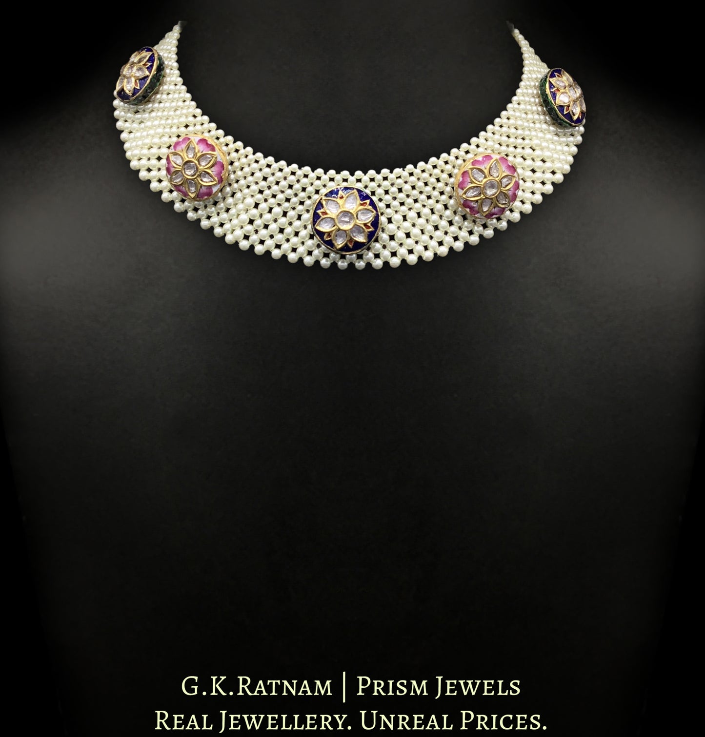 23k Gold and Diamond Polki Necklace Set with blue and pink meenakari rounds strung intricately in a pearl mesh - G. K. Ratnam