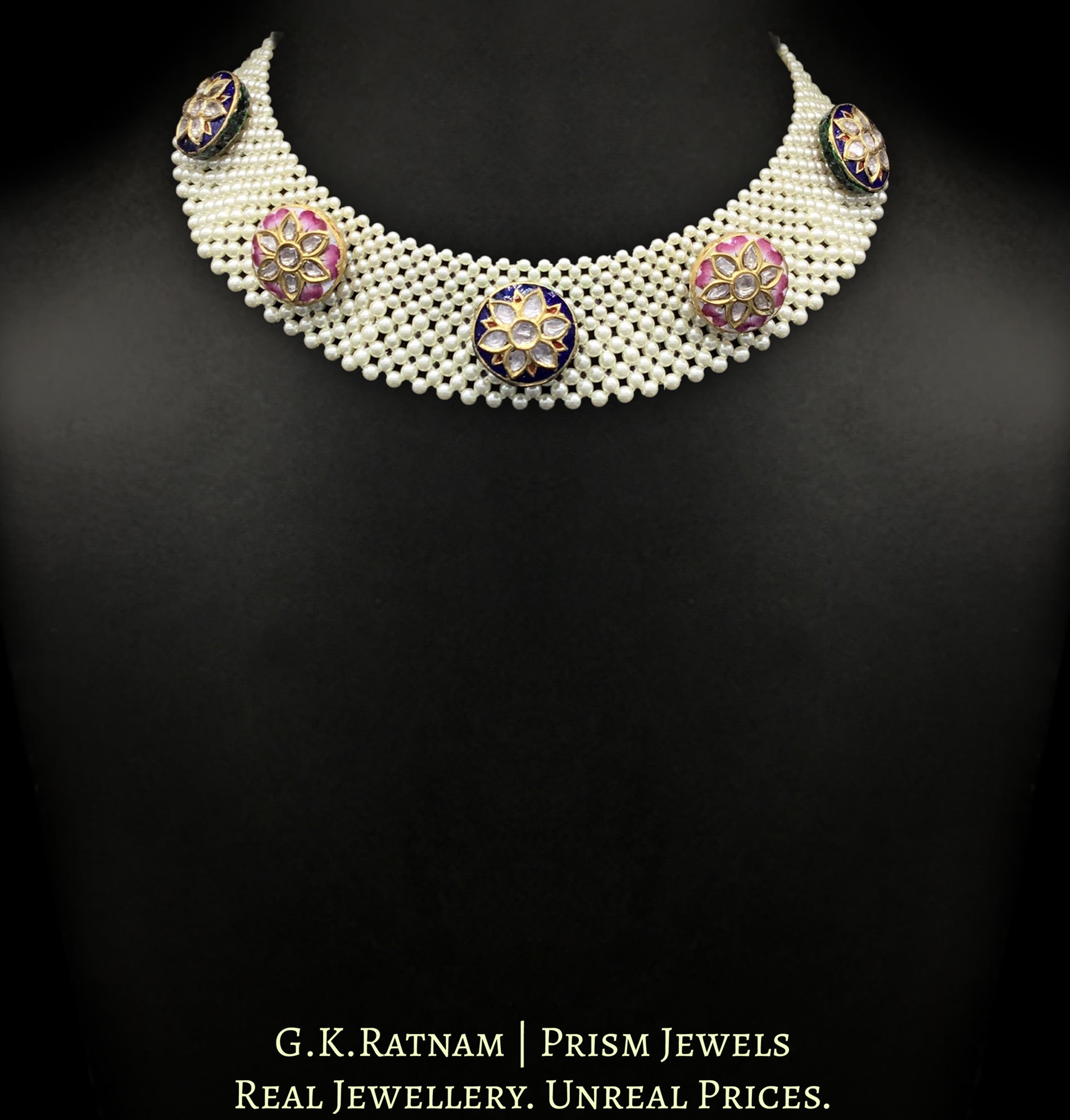 23k Gold and Diamond Polki Necklace Set with blue and pink meenakari rounds strung intricately in a pearl mesh - G. K. Ratnam