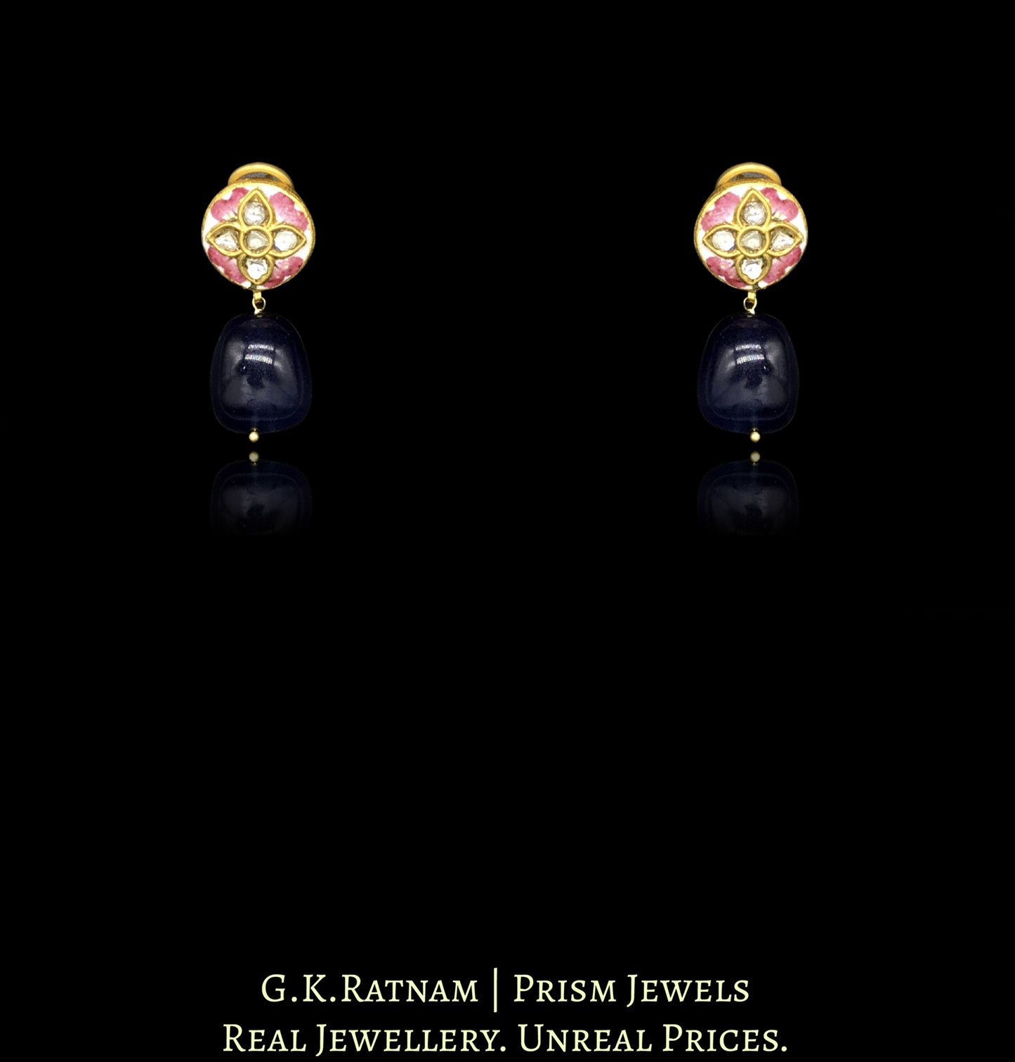 23k Gold and Diamond Polki Necklace Set with blue and pink meenakari rounds strung intricately in a pearl mesh - G. K. Ratnam