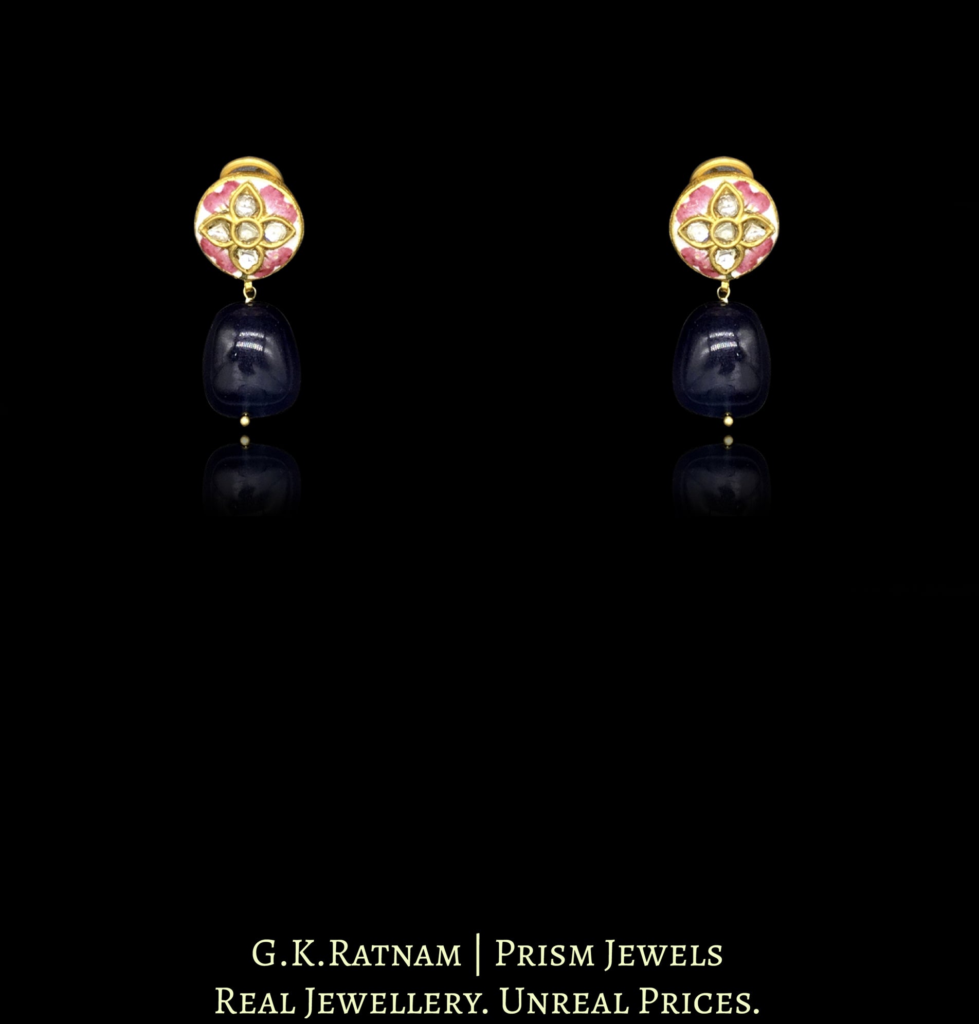23k Gold and Diamond Polki Necklace Set with blue and pink meenakari rounds strung intricately in a pearl mesh - G. K. Ratnam