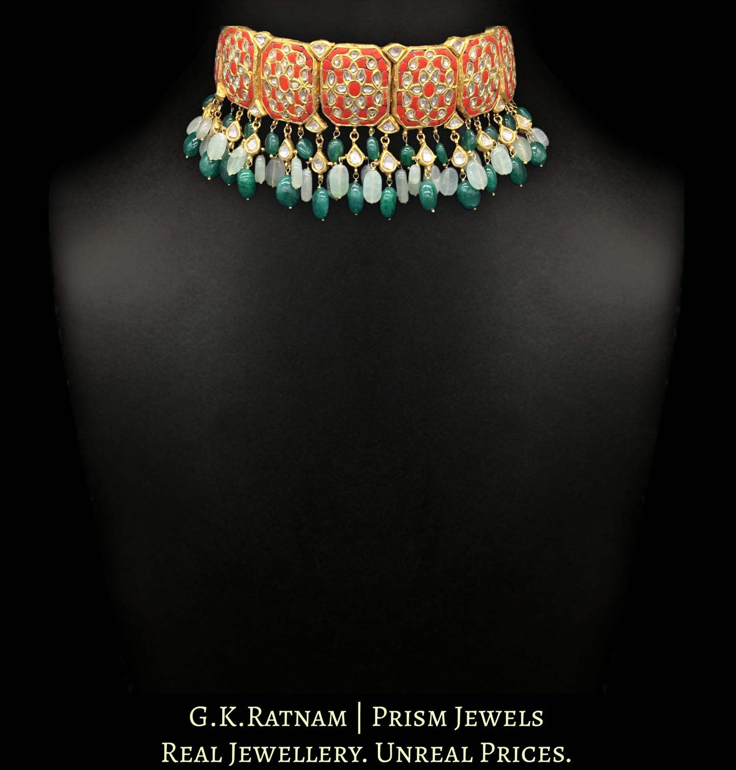 23k Gold and Diamond Polki Choker Necklace with vibrant corals (moonga) - G. K. Ratnam