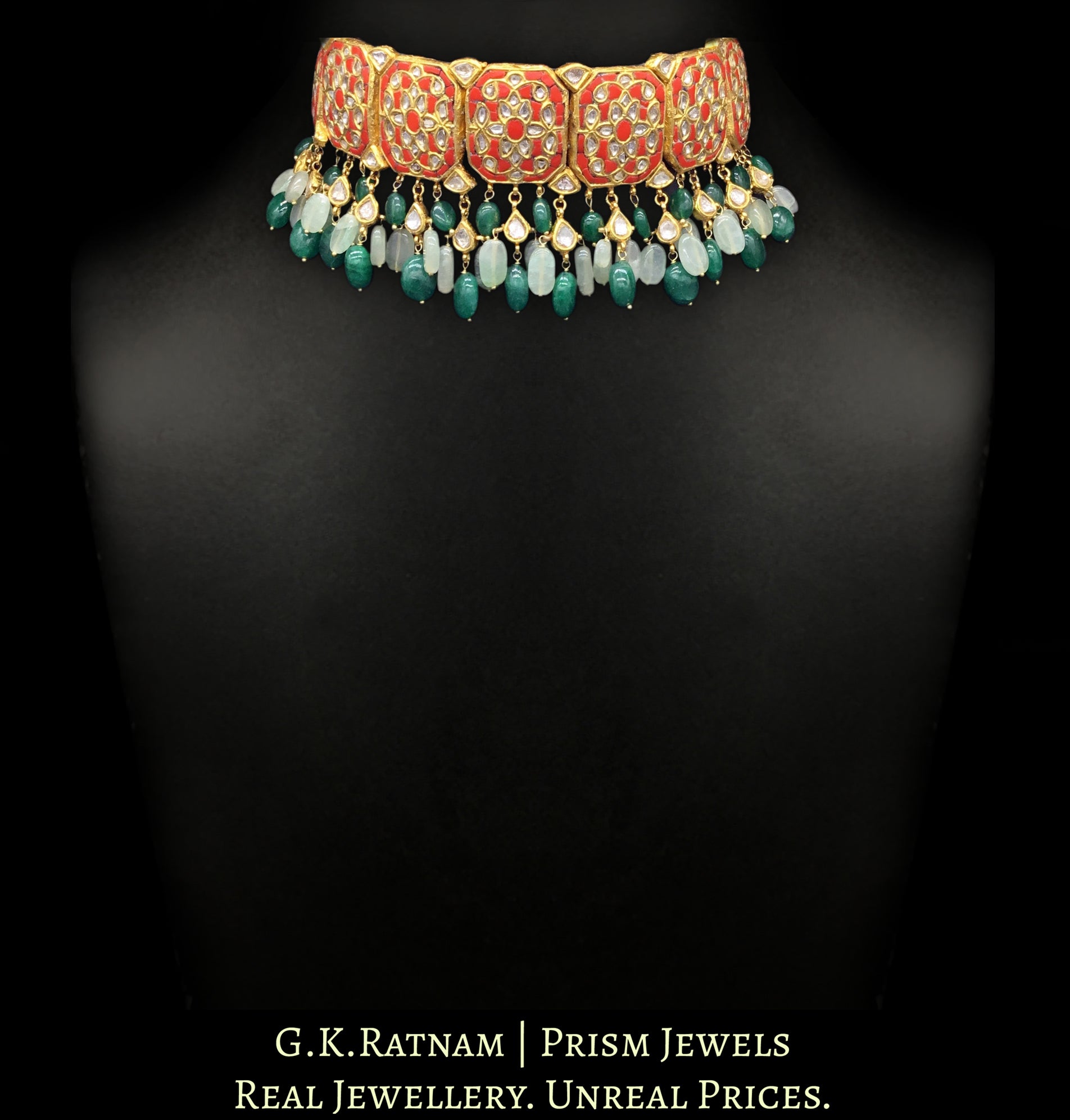 23k Gold and Diamond Polki Choker Necklace with vibrant corals (moonga) - G. K. Ratnam