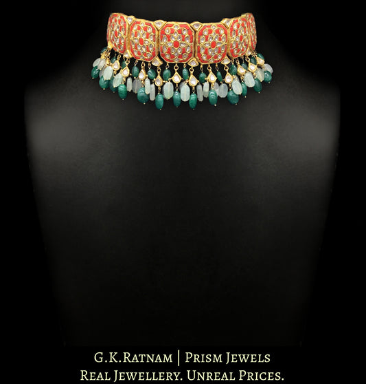 23k Gold and Diamond Polki Choker Necklace with vibrant corals (moonga) - G. K. Ratnam