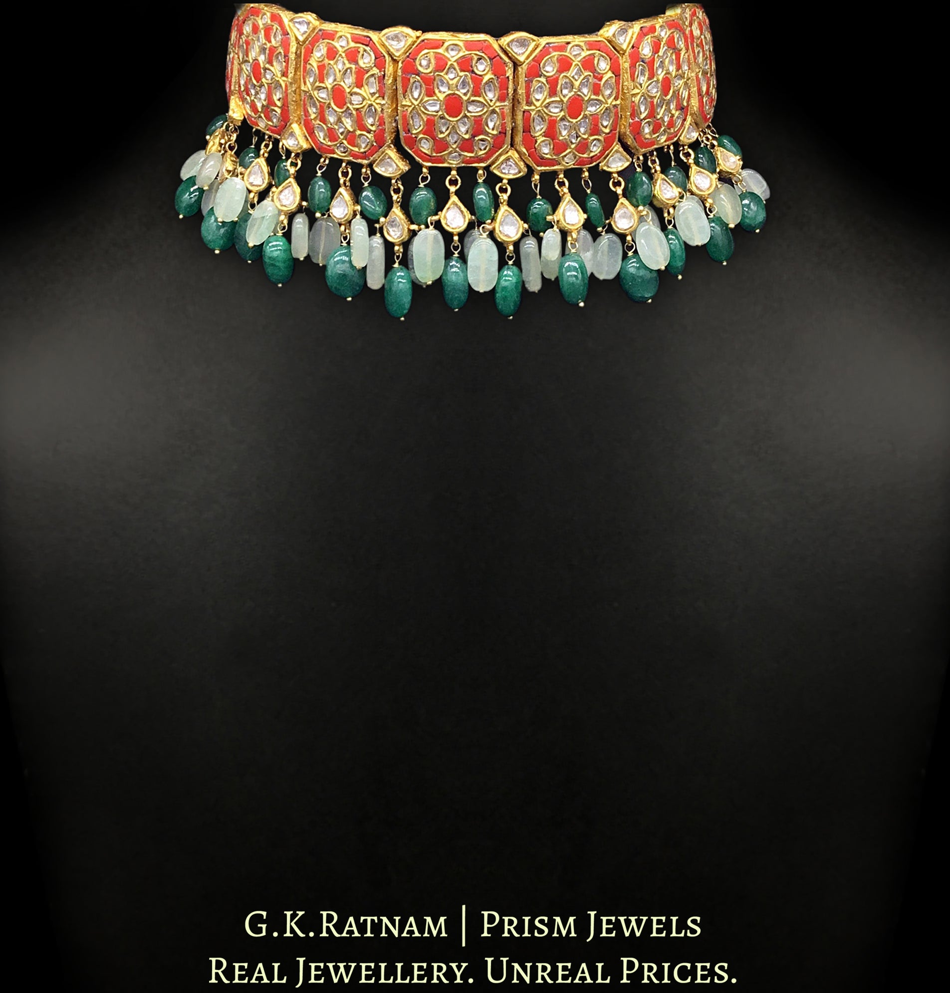 23k Gold and Diamond Polki Choker Necklace with vibrant corals (moonga) - G. K. Ratnam