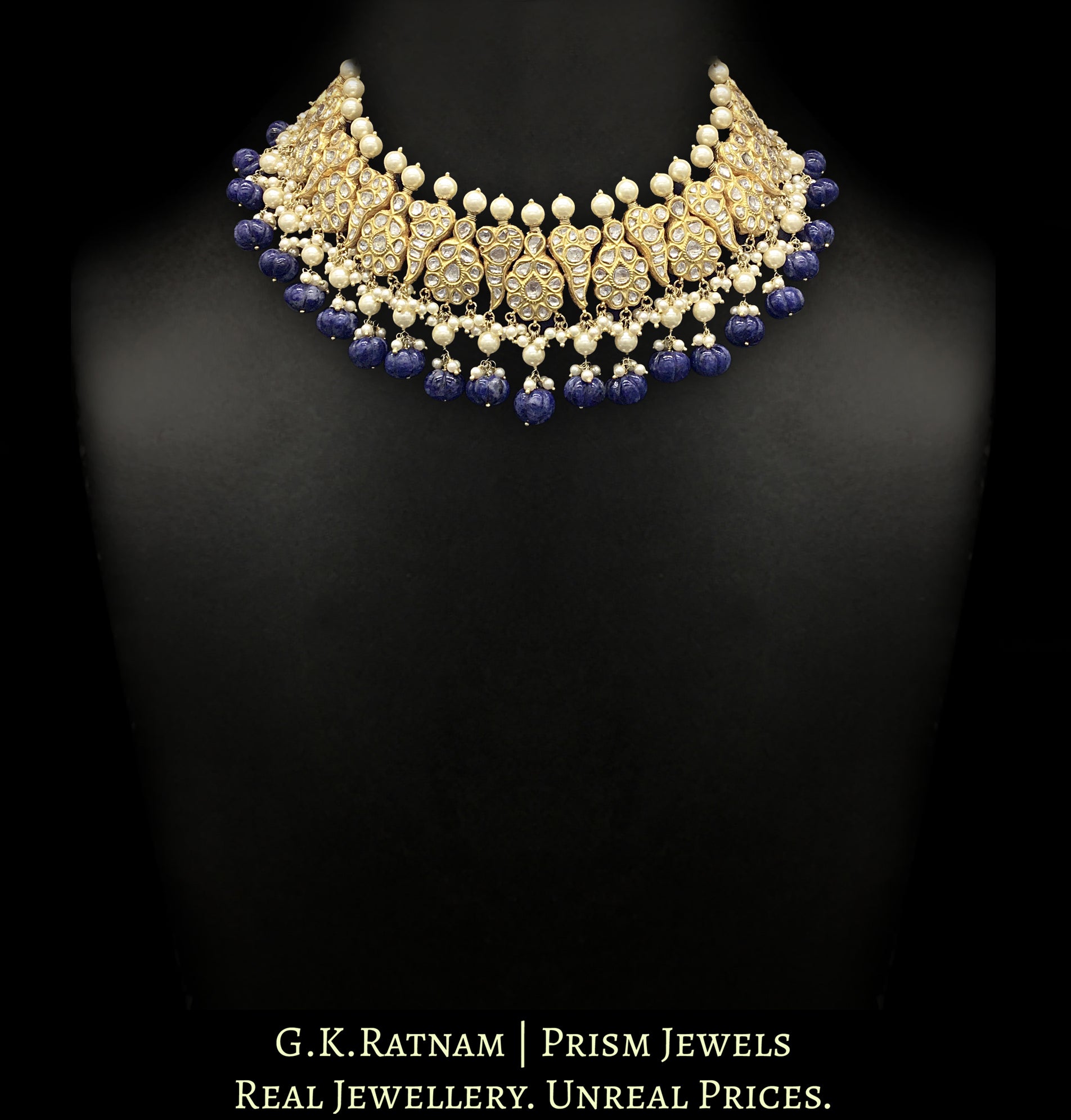 23k Gold and Diamond Polki Peacock (mor) Necklace with Carved Sodalite Melons