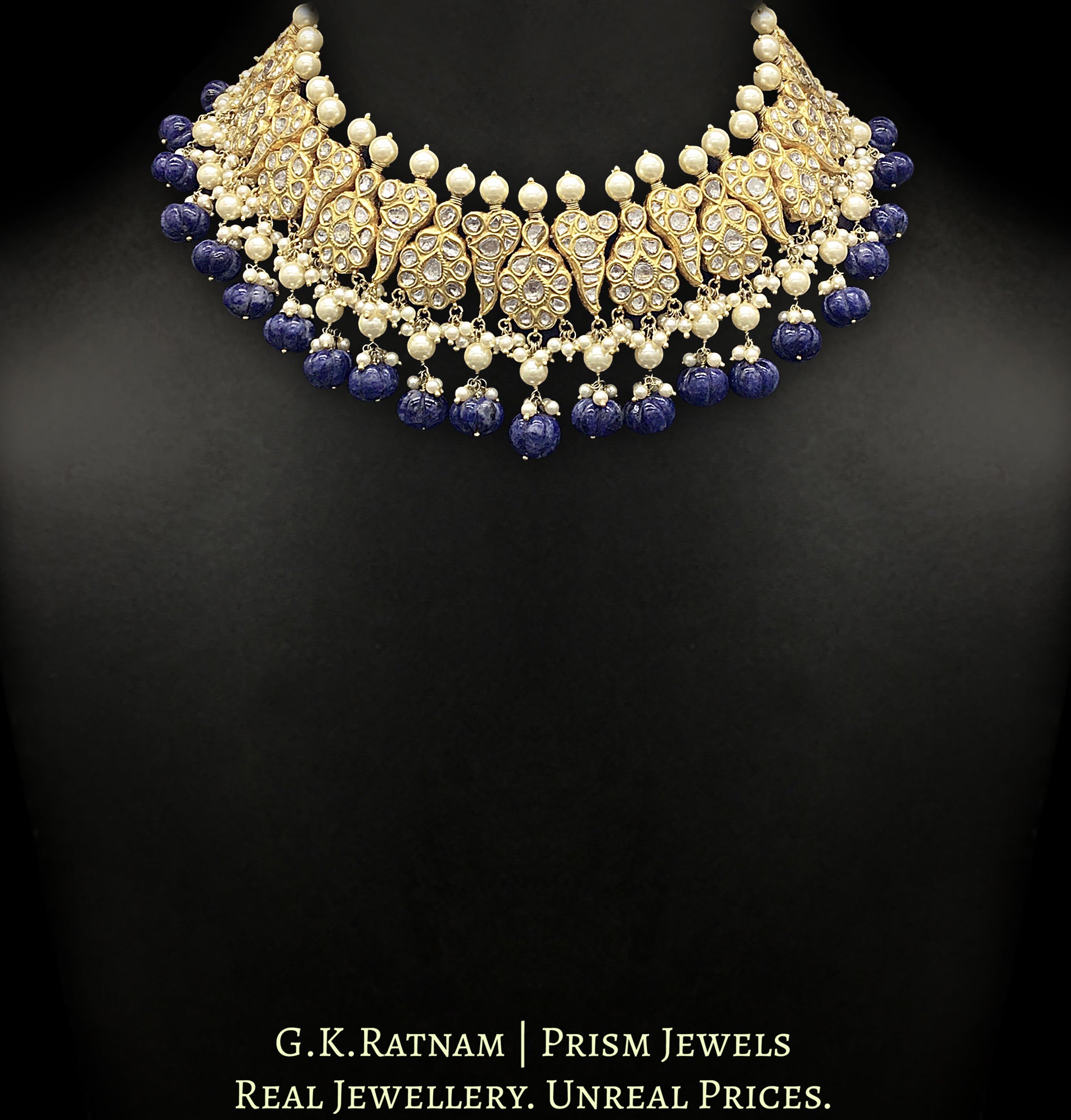 23k Gold and Diamond Polki Peacock (mor) Necklace with Carved Sodalite Melons