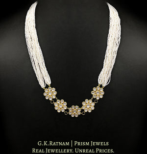 23k Gold and Diamond Polki Long Necklace Set with floral tikdas strung in tiny chid pearls