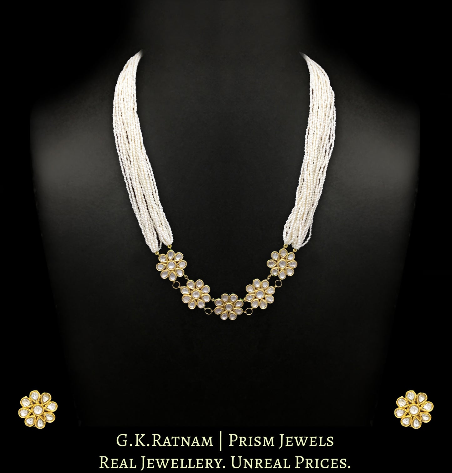 23k Gold and Diamond Polki Long Necklace Set with floral tikdas strung in tiny chid pearls