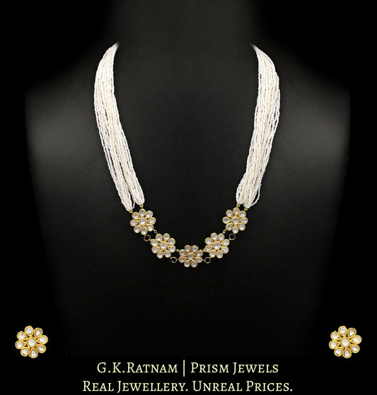 23k Gold and Diamond Polki Long Necklace Set with floral tikdas strung in tiny chid pearls