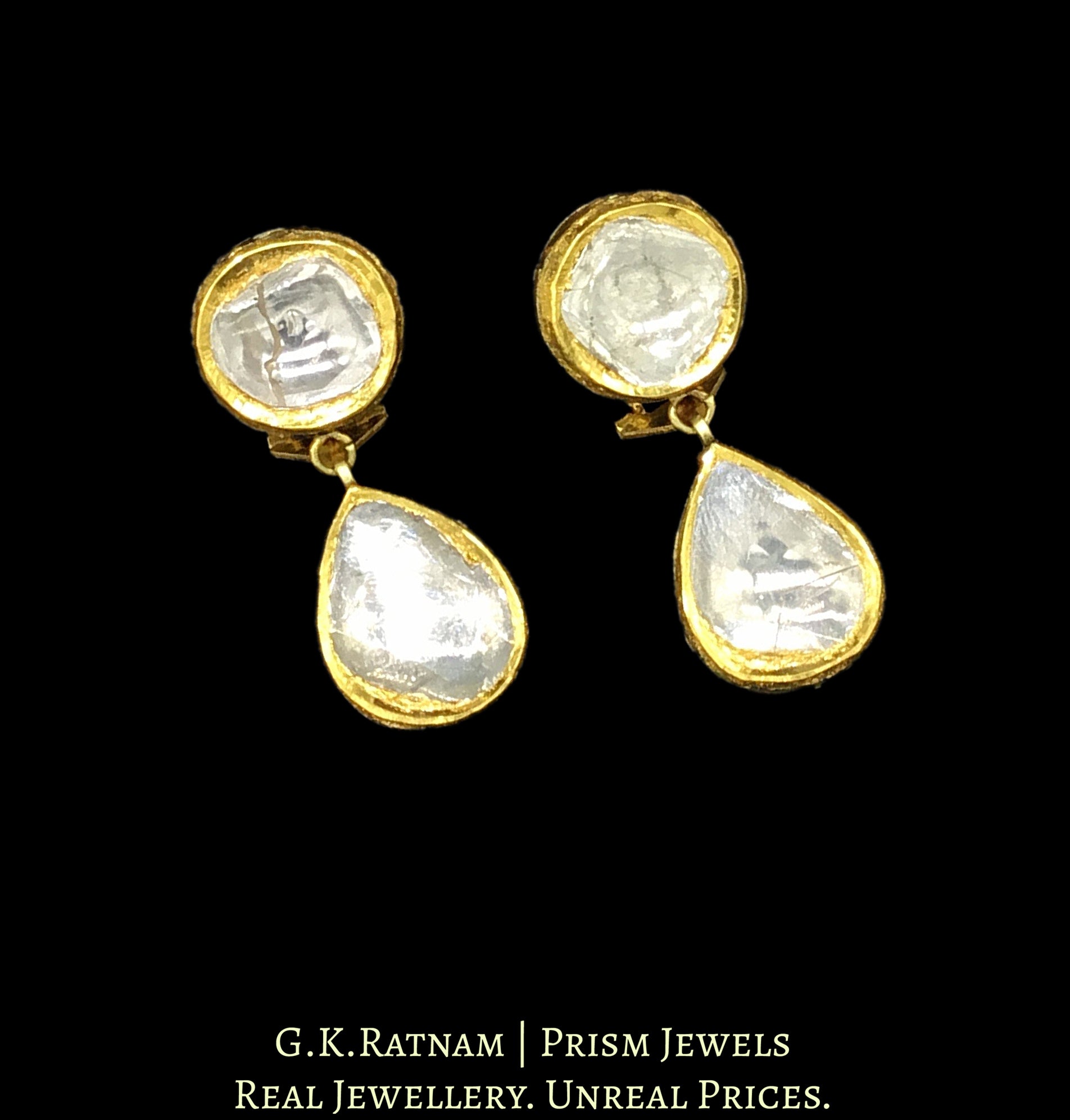 18k Gold and Diamond Polki Long Earring with round tops and pear drop hangings - G. K. Ratnam