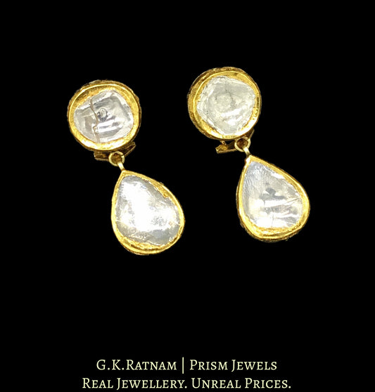 18k Gold and Diamond Polki Long Earring with round tops and pear drop hangings - G. K. Ratnam