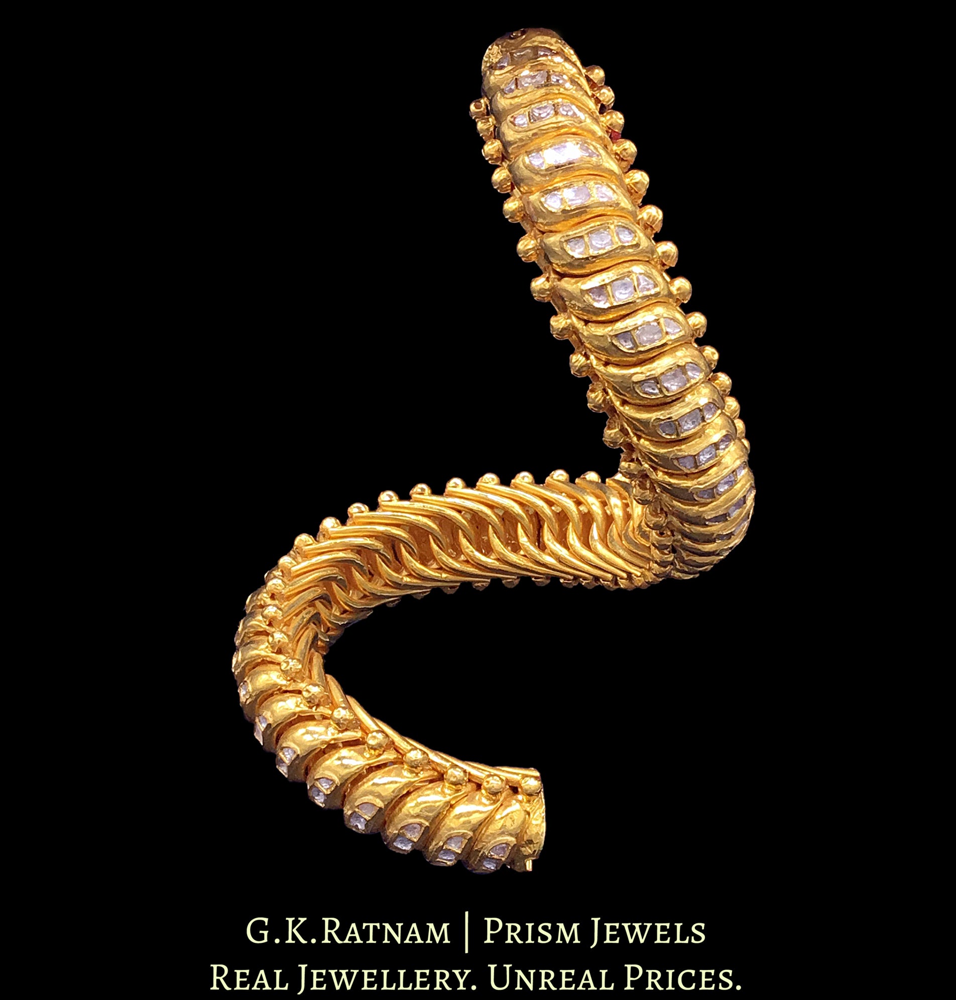 22k Gold and Diamond Polki snake-like flexible Bangle Pair (Sutarla) - G. K. Ratnam